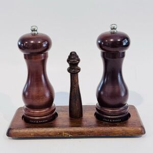 Cole and Mason Dark Wood 6" Salt & Pepper Shaker Grinder Mill Set W Holder EUC